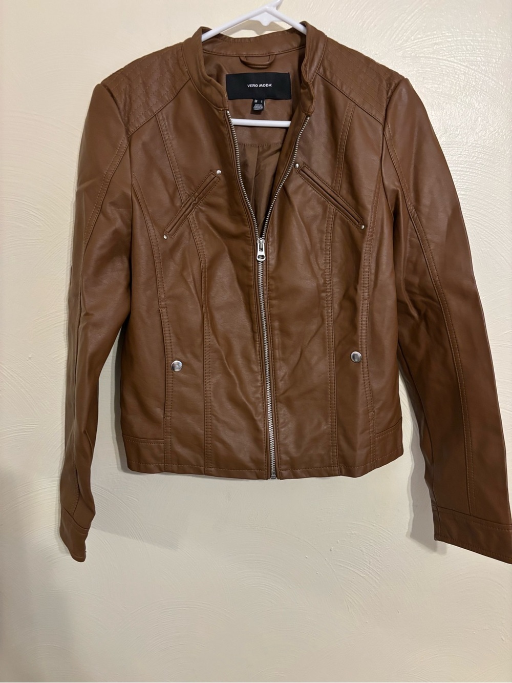 Vero Moda Cognac Faux Leather Moto Jacket L Quilted Zip